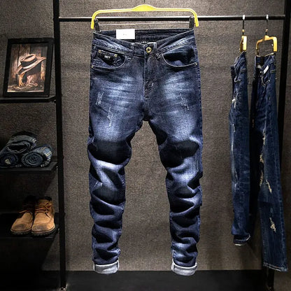 Slitna Slim Jeans för Herr – Elastiska Straight-fit Denim i Koreansk Stil