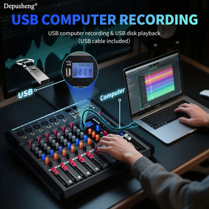 6/8/12/16 Channel Depusheng Audio Mixer Professional  Sound Board DJ Mixing Console System Interface USB MP3 Input Bluetooth 48V