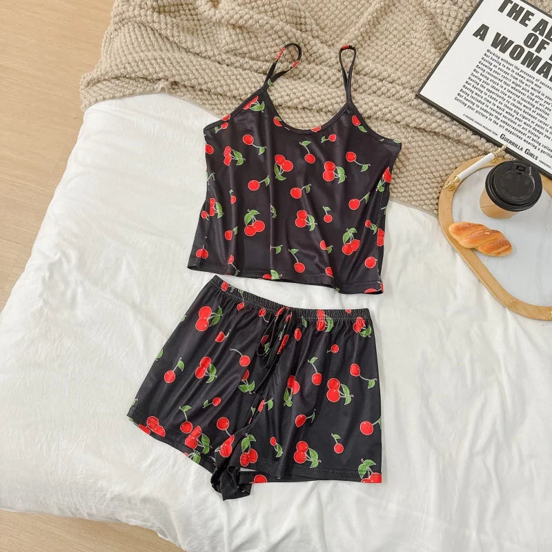 Women's Floral Print Pajama Set Spaghetti Strap V Neck Shorts Sleepwear Summer Breathable Loungewear Multi Print Casual Homewear