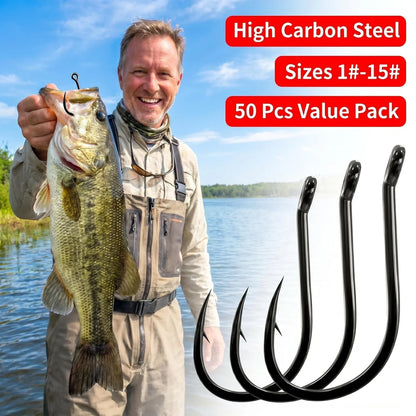 50PCS Single Circle Offset Fishing Hooks – High Carbon Steel Barbed for Carp Fly Fishing & Sea Tackle