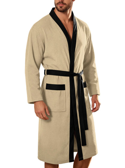 Men's Twill Fabric Long Bathrobe with Belt Design, Double Pockets, Casual Home Pajamas, Loose Fit, Hotel Resort Style, Nightwear