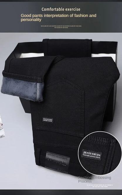 2026 Brand Brushed Jeans Winter Jeans Men Slim Fit Stretch Thick Velvet Pants Warm Jeans Casual Fleece Trousers Male