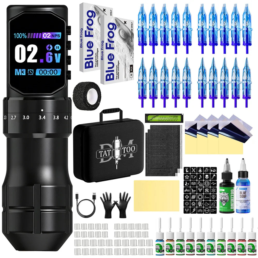 DM Tattoo Machnie Kit Tattoo Adjustable Stroke Wireless Tattoo Pen Coreless Brushless Motor   For Permanent Makeup