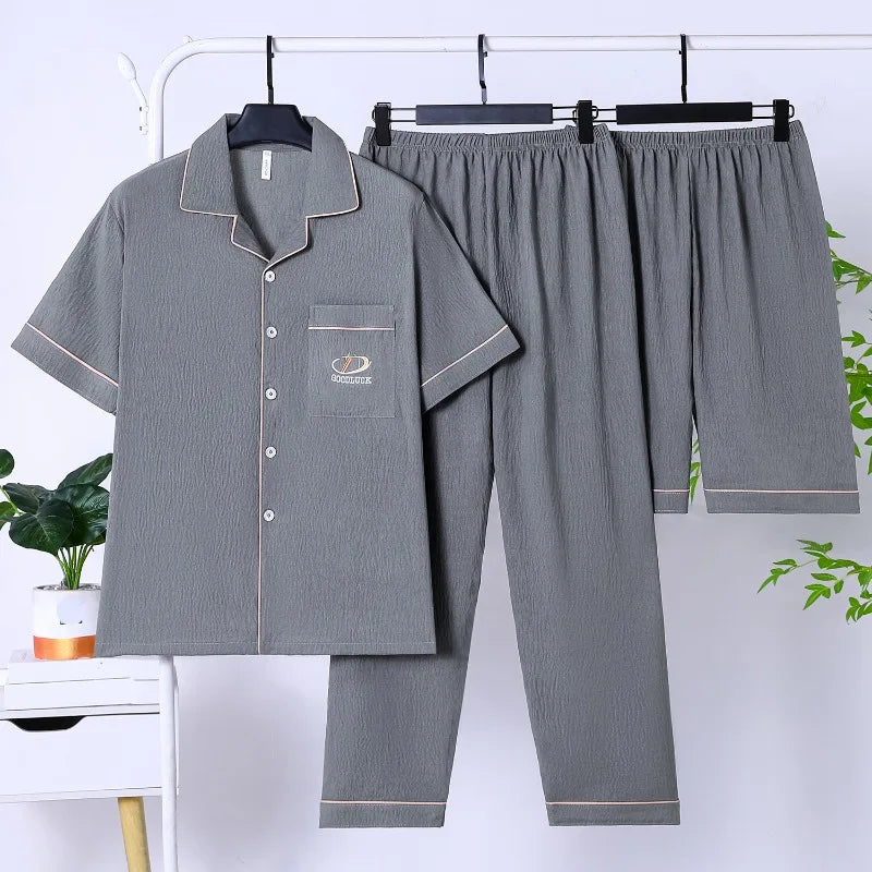 Men's Korean‑Style Fashion 3‑Piece Pajama Set, Versatile Stylish‑Design Lightweight Loungewear, Simple Handsome Casual Homewear