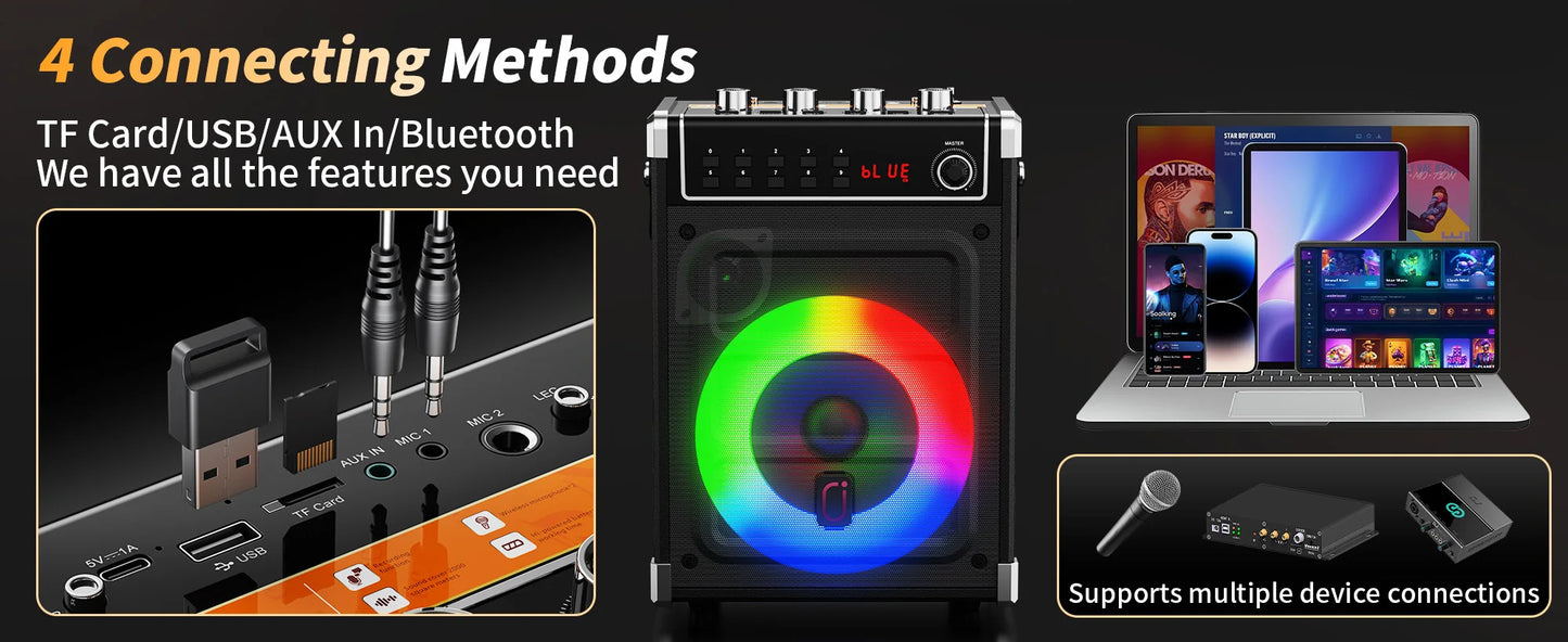 69-black Karaoke Machine with 2 UHF Wireless Microphones, Bluetooth Speaker with Bass/Treble Adjustment and LED Light, PA System