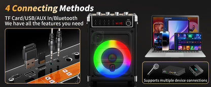 69-black Karaoke Machine with 2 UHF Wireless Microphones, Bluetooth Speaker with Bass/Treble Adjustment and LED Light, PA System