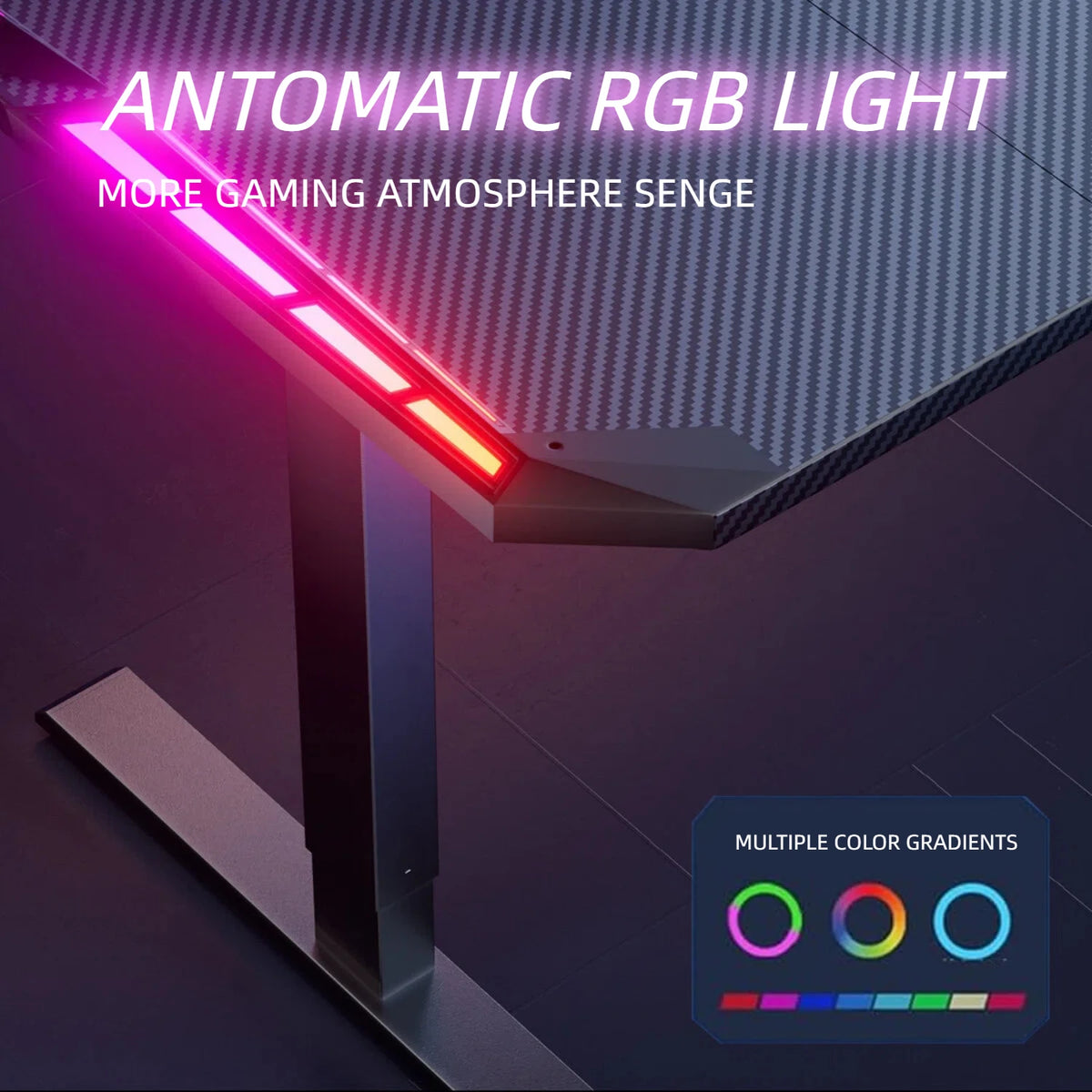 Electric Height Adjustable Gaming Desk With RGB LED Strip Lights, Built-In Cup Holder Headset Hook Ergonomic Computer Game Table with Carbon Fiber Surface, 2 Memory Positions and 3 Sizes