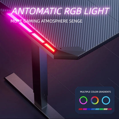 Electric Height Adjustable Gaming Desk With RGB LED Strip Lights, Built-In Cup Holder Headset Hook Ergonomic Computer Game Table with Carbon Fiber Surface, 2 Memory Positions and 3 Sizes