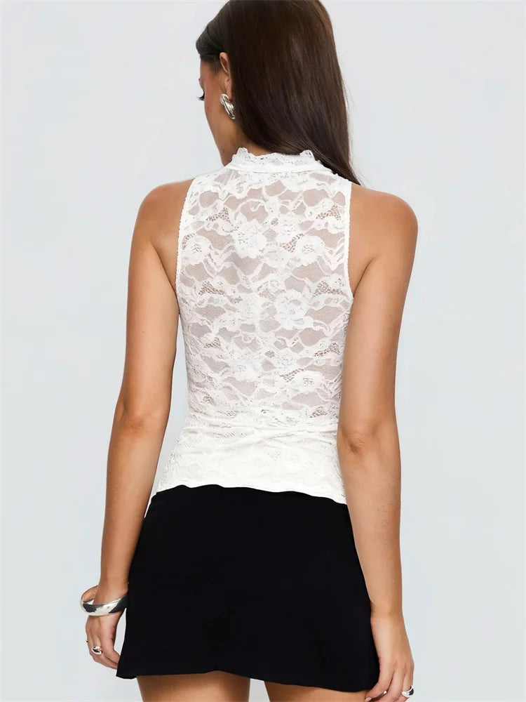 Dam Spetslinne Y2K – Sexy Lace Hollow Out Ärmlös Semi-genomskinlig Camisole, Vit & Svart