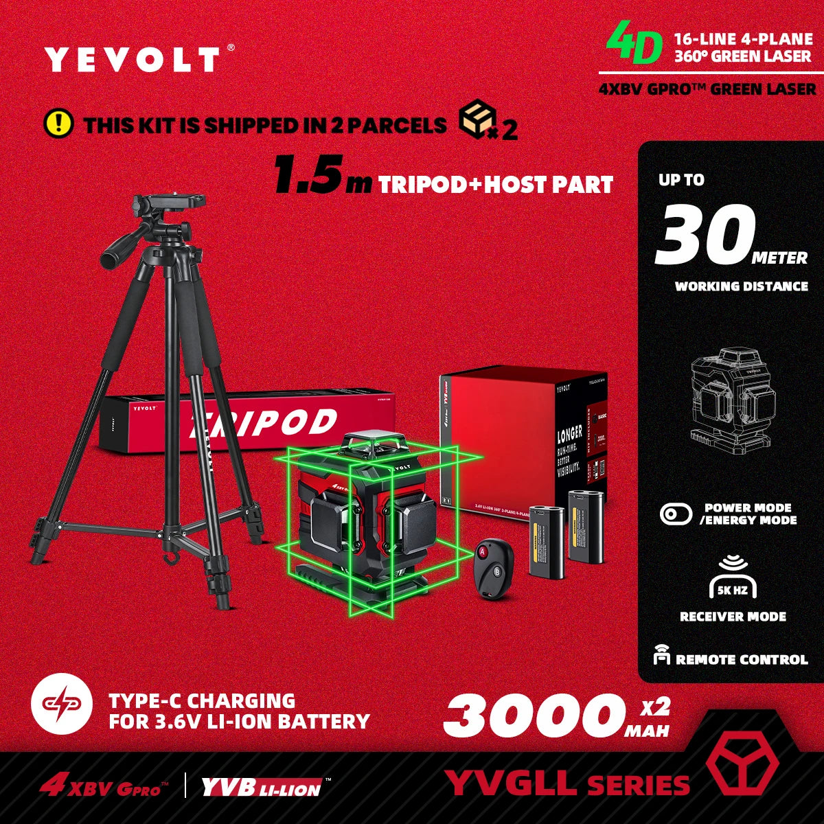 YEVOLT YVGLL4XS16 Grön Lasernivå – 4 Plan, 16 Linjer, Självnivellerande 360° 3D
