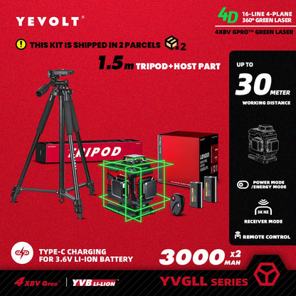 YEVOLT YVGLL4XS16 Grön Lasernivå – 4 Plan, 16 Linjer, Självnivellerande 360° 3D