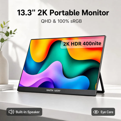 13.3 Inch 2K QHD Portable Monitor, 400 Nits, 100% SRGB, 16:10 Aspect Ratio, Built-in Speakers, VESA Mountable, Integrated Hidden