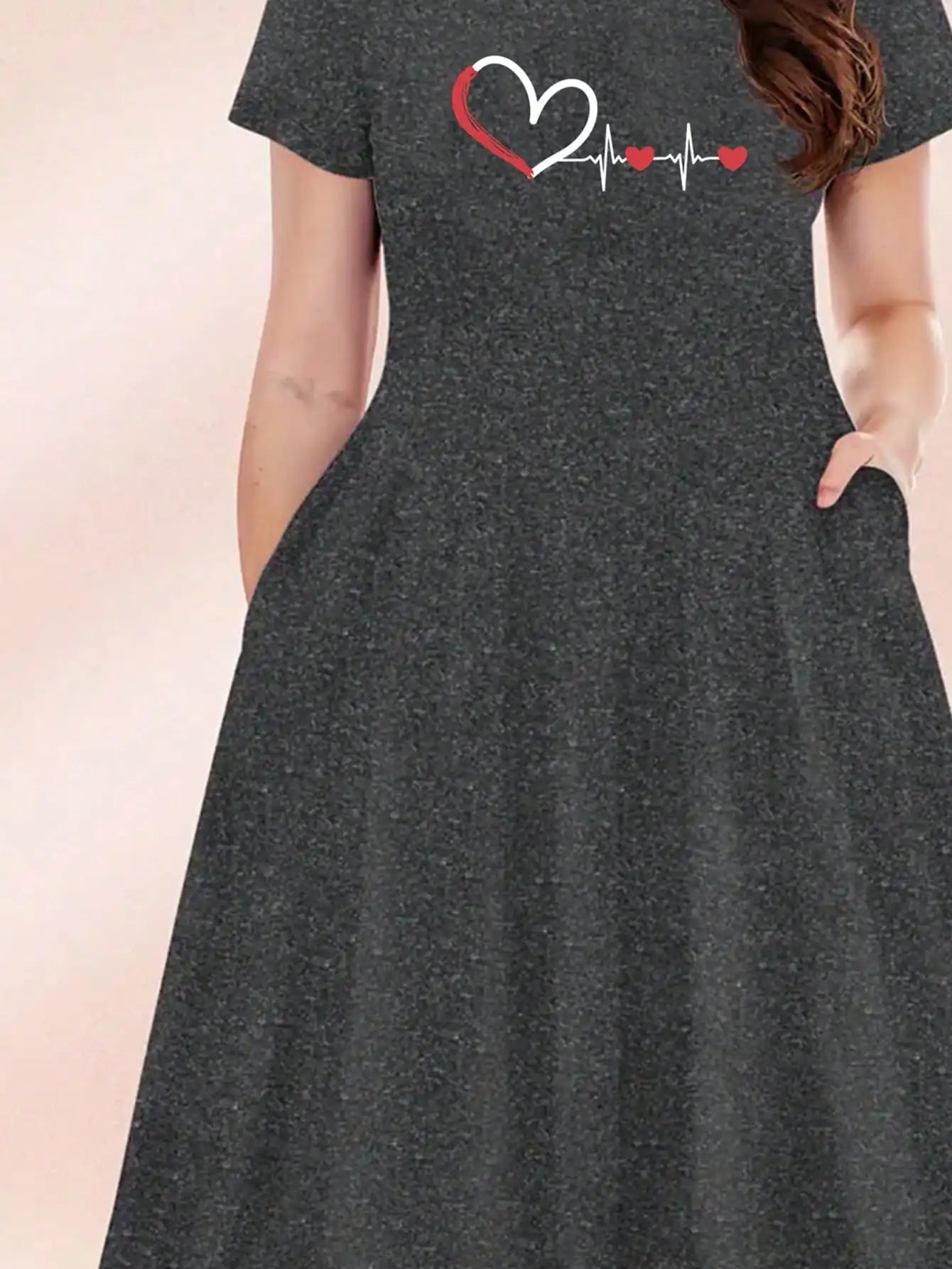 2026 Women's Four Seasons Love at First Sight Heartbeat Printed Casual Loose Black Short Sleeved Large Short Skirt Dress