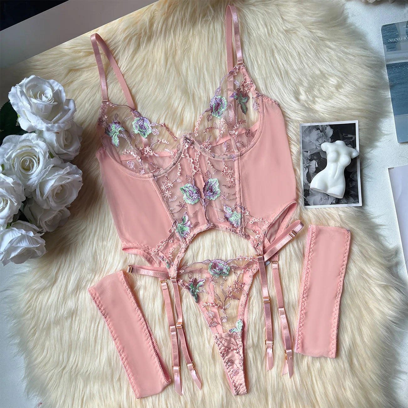 Floral Embroidered Boned Corset Lingerie Set Sheer Mesh Underwire Bustier Garter Straps Waist Cincher Romantic Night Clubwear