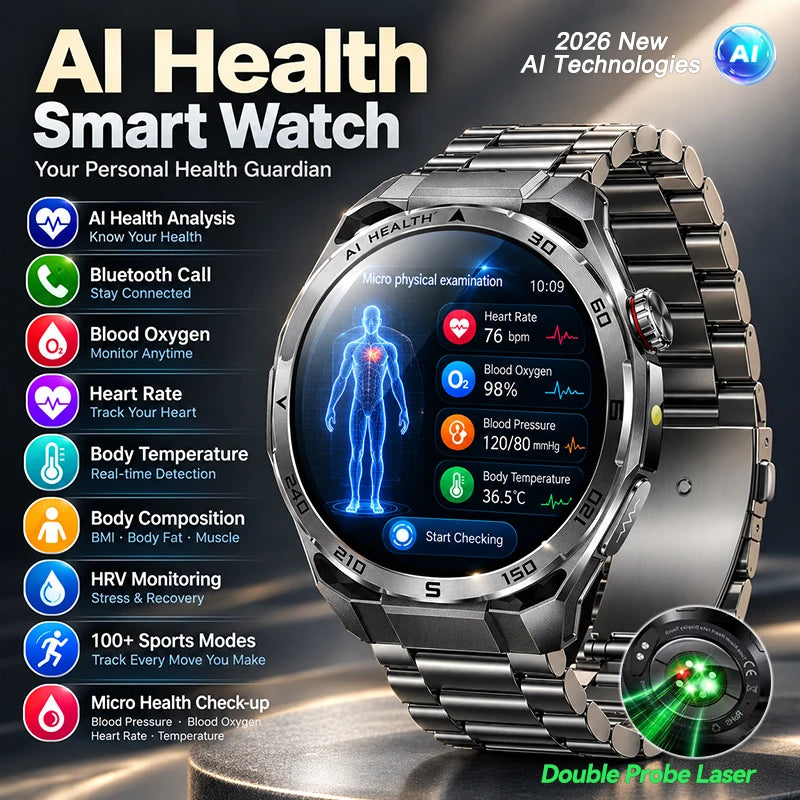 2026 New AI Health Care Accurate Detection ECG Smart Watch Blood Pressure lipids Uric Acid Analysis Bluetooth Call Smart Watches
