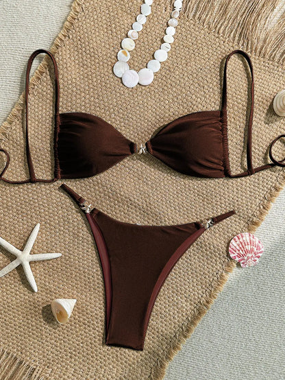 Sexy Solid Color Swimsuit Women' Swimwear 2026 New Bandeau Bikinis Rings Bikini Bandage Beachwear Two Piece Bathing Suit