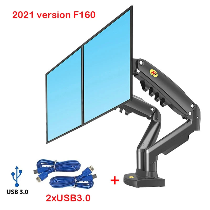 New NB F160 Gas Spring Desktop 17'-27' Dual Monitor Holder Arm With 2 USB3.0 Monitor Mount Bracket Load 2-9 Kg Each Arm