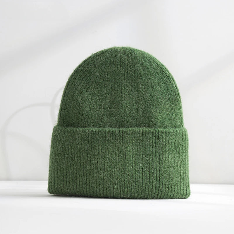 Fluffy Angora Hat Rabbit Fur Warm Winter hat For Womans Cashmere Wool Soft Beanies Blue Knitted Hat Outdoor Ski Female