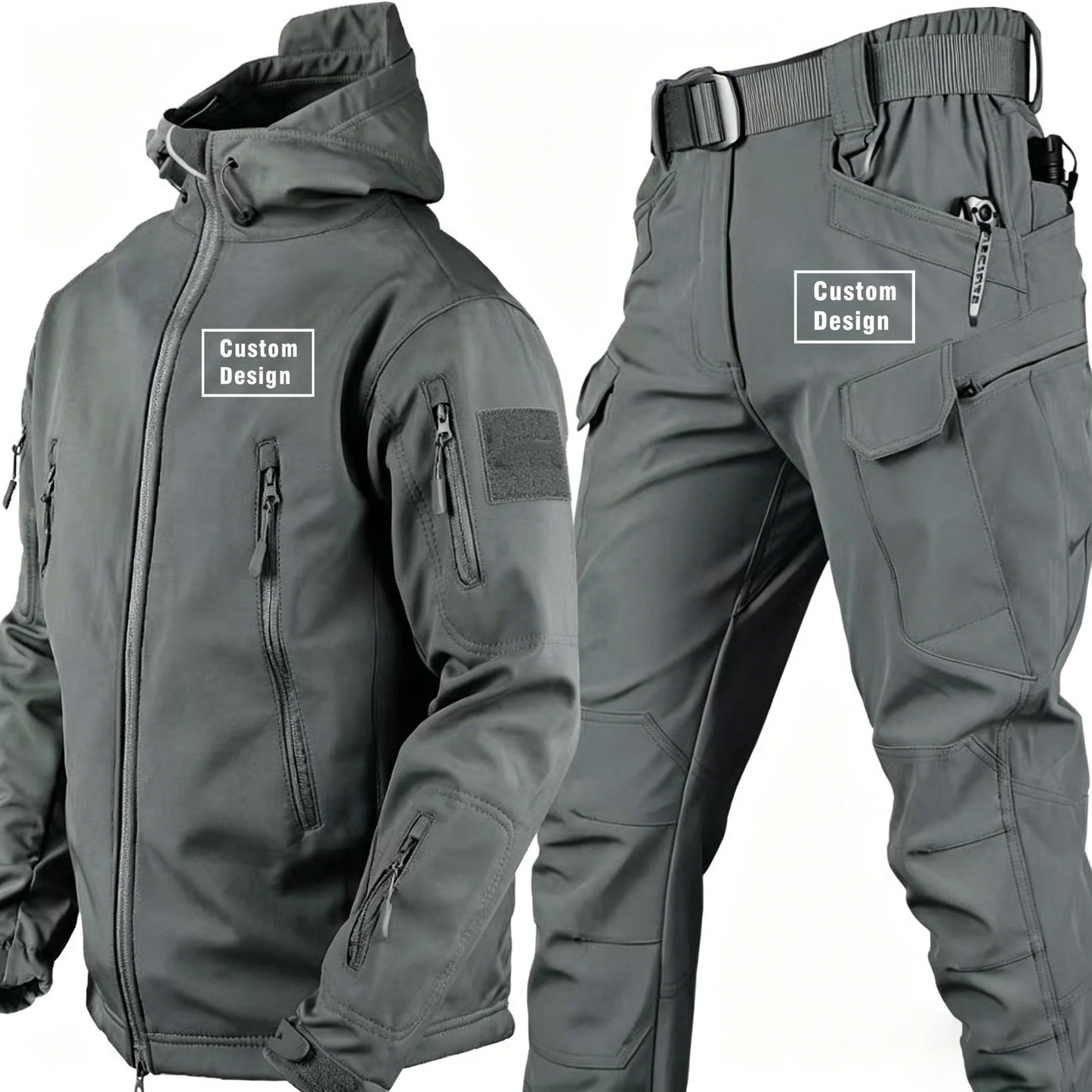 Herr Militär Softshell Set 2026 – Fleece Jacka + Byxor Outdoor, Grå/Svart/Khaki/Kamouflage S–4XL