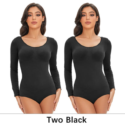 POKARLA Spandex Elastic Body Suit Shapewear Women Body Shaper Tummy Control Long Sleeve Open Crotch Round Neck Seamless Shapers