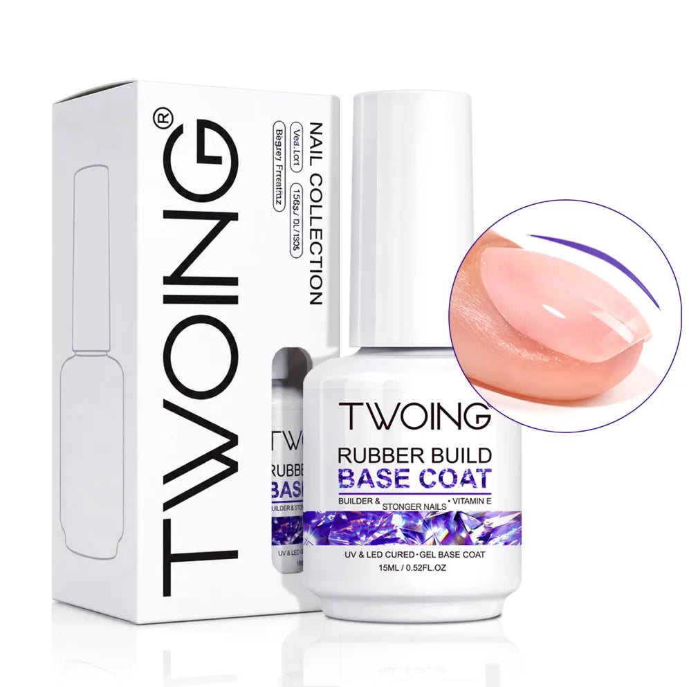 TWOING Rubber Base Coat & No Wipe Top Coat Set 15ml+15ml, Builder Base Gel, Diamond Shine, UV LED Soak Off, Long-Lasting