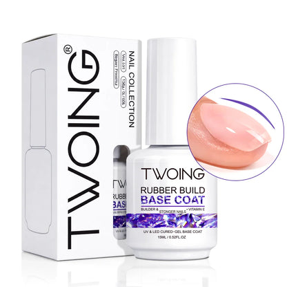 TWOING Rubber Base Coat & No Wipe Top Coat Set 15ml+15ml, Builder Base Gel, Diamond Shine, UV LED Soak Off, Long-Lasting