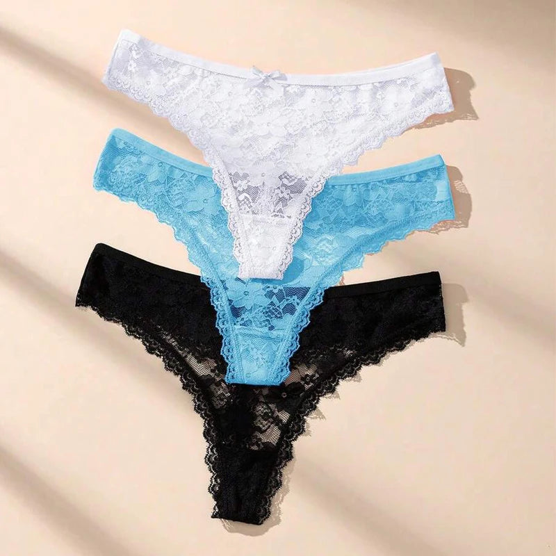 3Pcs Sexy Lace Women Thongs Transparent Women Panties Sexy Underwear Solid Floral G-String Size XS-XL Female Underpants Lingerie