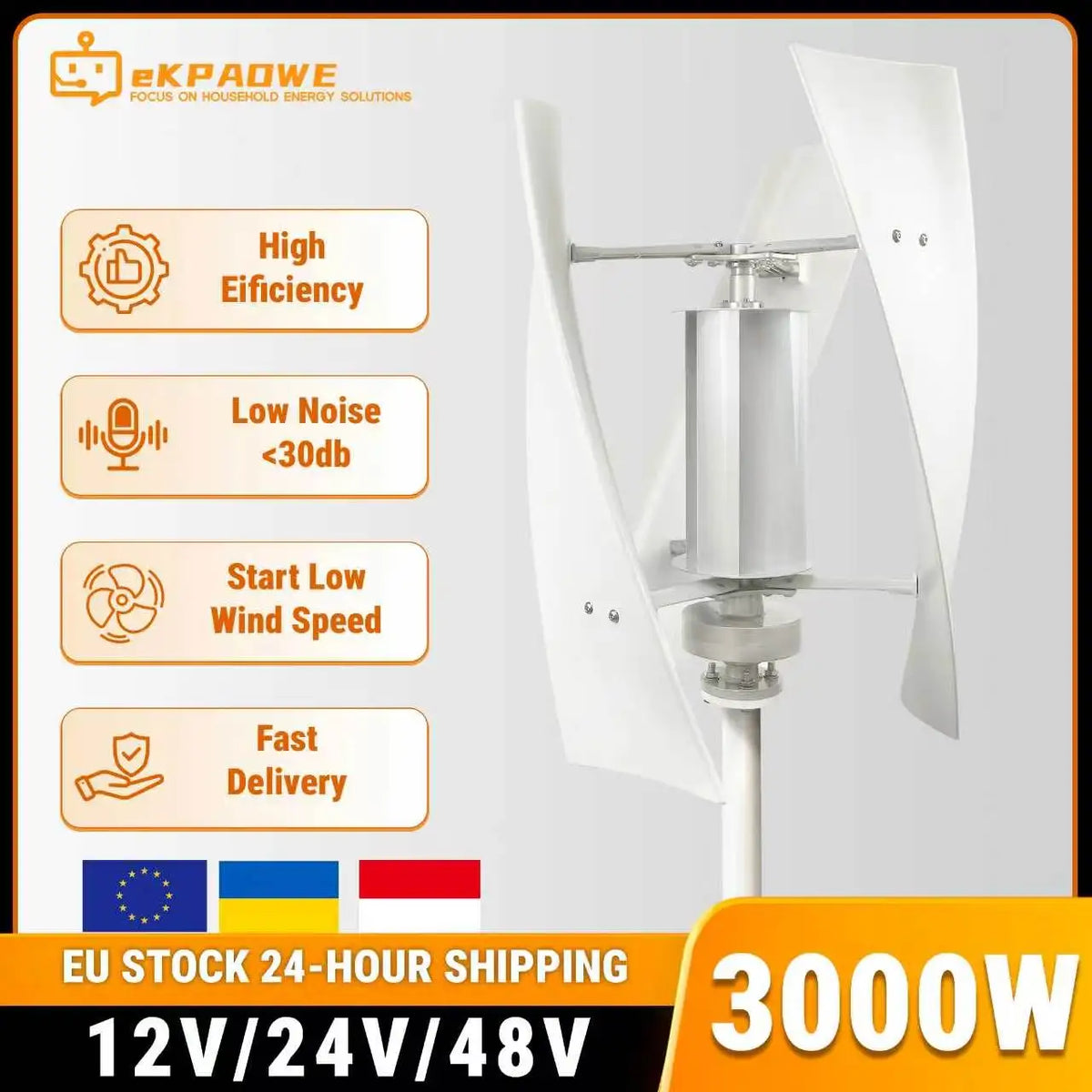 EKPAOWE Vertikal Vindturbin 3kW 12V/24V/48V – MPPT, Dual MPPT Sol+Vind Hybrid eller med 4×100W Solpaneler, EU-lager Polen