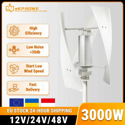 EKPAOWE Vertikal Vindturbin 3kW 12V/24V/48V – MPPT, Dual MPPT Sol+Vind Hybrid eller med 4×100W Solpaneler, EU-lager Polen