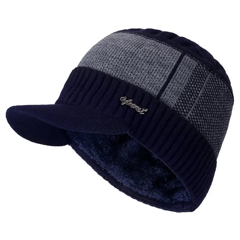 Hot Sale Unisex Warm Winter Hat With Brim Plush Fur Lined Knit Cap Sports Label Thicken Winter Hats For Men
