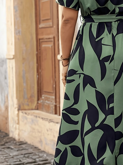 plus Size Floral Print Maxi Dress Casual Vacation Outfit with Belt Leaf Pattern Fashionable plus Size Dress