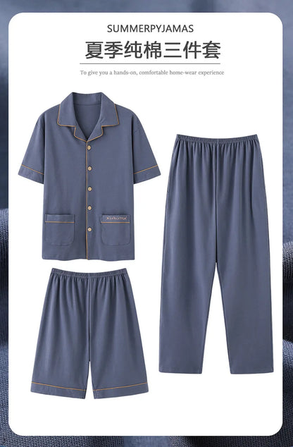 2023 New Cotton Sleepwear Men's 3 Pieces Set Homewear Plus Size 4XL Cardigan Nightwear Short Sleep Tops & Shorts & Long Pants
