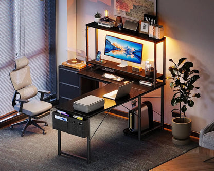 Coleshome L-Shaped Gaming Desk with Led and Sockets, 135×100cm, Black