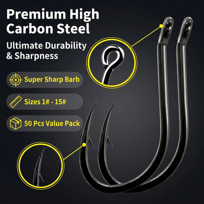 50PCS Single Circle Offset Fishing Hooks – High Carbon Steel Barbed for Carp Fly Fishing & Sea Tackle