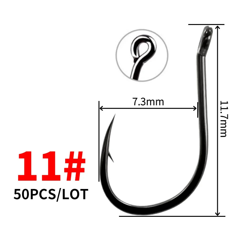 50PCS Single Circle Offset Fishing Hooks – High Carbon Steel Barbed for Carp Fly Fishing & Sea Tackle