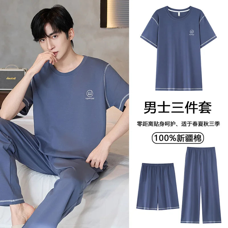 Short Sleeves & Shorts & Long Pant 3Pcs/set Cotton Nightwear for Men Summer Breathable Casual Sleepwear Male Loungewear Hombre