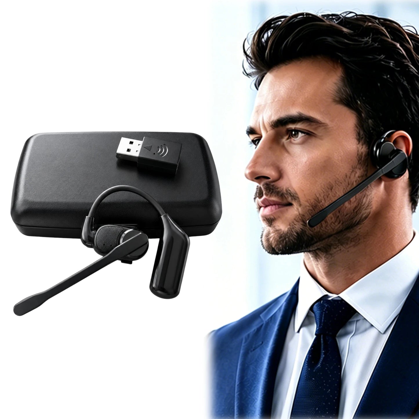 Wireless Earpiece with USB Dongle Noise Cancelling Earpiece Sport Open Ear Single Ear BT Headset for Driver Office