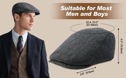 FEINION Men's Herringbone Flat Ivy Newsboy Hat Wool Blend Gatsby Cabbie Cap Winter Outdoor Hunting Cap