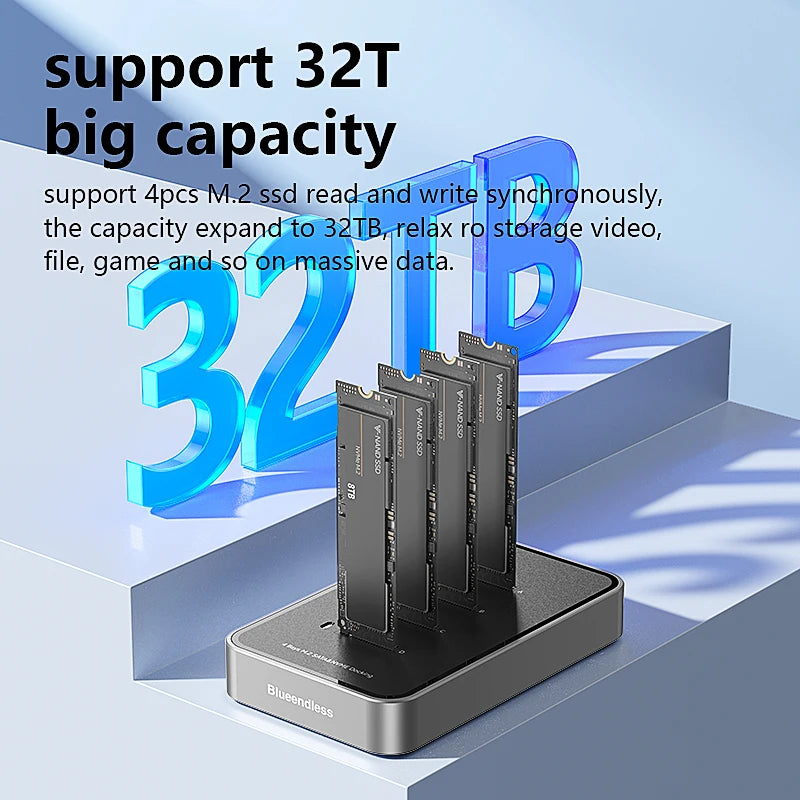 Blueendless 4 Bay M.2 NVMe/SATA SSD Docking Station Type C USB3.1 10Gbps M2 NVMe PCIe SATA NGFF Dual Protocol Aluminum SSD Case