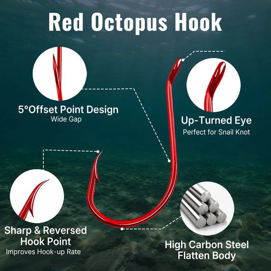 9KM Red Octopus Hook Fishing Extra Strong Versatile Fishing Hook Live Bait Hook for Saltwater