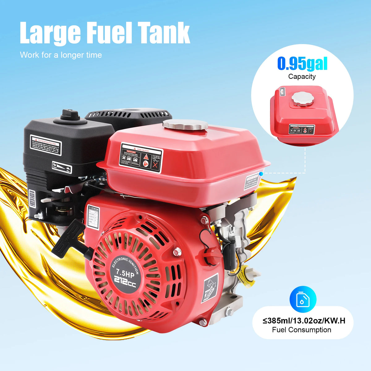 212cc 4,0kW 7,5hk luftkyld bensinmotor, 3600 varv/min snörnstart bensinmotor