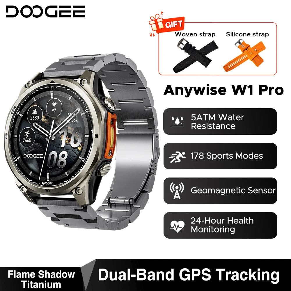 DOOGEE Anywise W1 Pro Smartklocka – 1,43" AMOLED, Offline-kartor, Dual-band GPS, 5ATM+IP68, 18 Dagars Batteri
