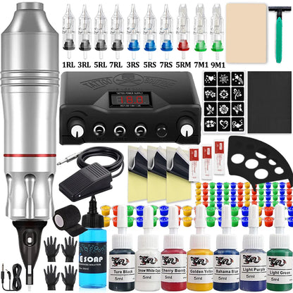 Complete Cartridge Tattoo Pen Machine Kit DC Rotary Machine Pen with Cartridge Needles Power Supply Inks for Tattoo Beginner Set