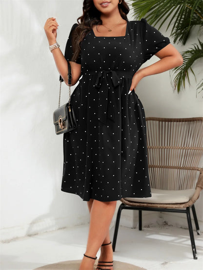 GIBSIE Plus Size Square Neck Polka Dot Belted Dress Women's Elegant Retro Puff Sleeve High Waist Summer A-line Big Swing Dresses