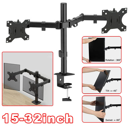 2-Way Monitor Holder Double Table Mount Rotatable Desk Mount 15-32 "Monitor Arm VESA Screen Mount
