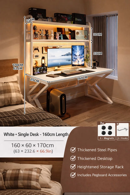 Gaming Desk with Bookshelf and Pegboard Computer Desk with Storage Shelf Home Office Study Desk for Bedroom Small Space
