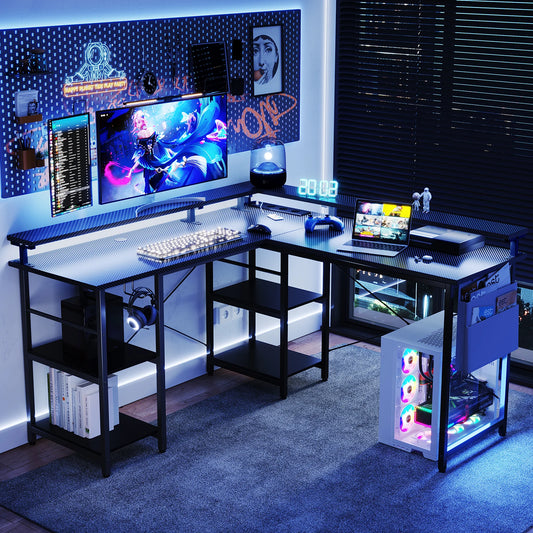 L-format gamingbord 230 cm hörnskrivbord datarbord med RGB LED, uttag och bildskärmsställ
