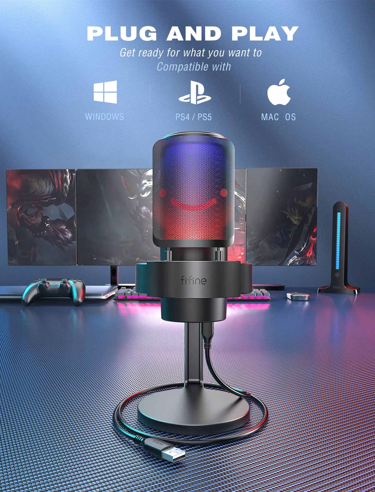 FIFINE USB Microphone for Recording and Streaming on PC and Mac,Headphone Output and Touch-Mute Button,Mic with 3 RGB Modes -A8
