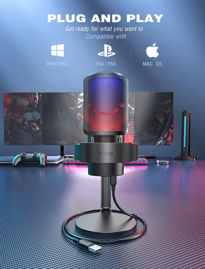 FIFINE USB Microphone for Recording and Streaming on PC and Mac,Headphone Output and Touch-Mute Button,Mic with 3 RGB Modes -A8