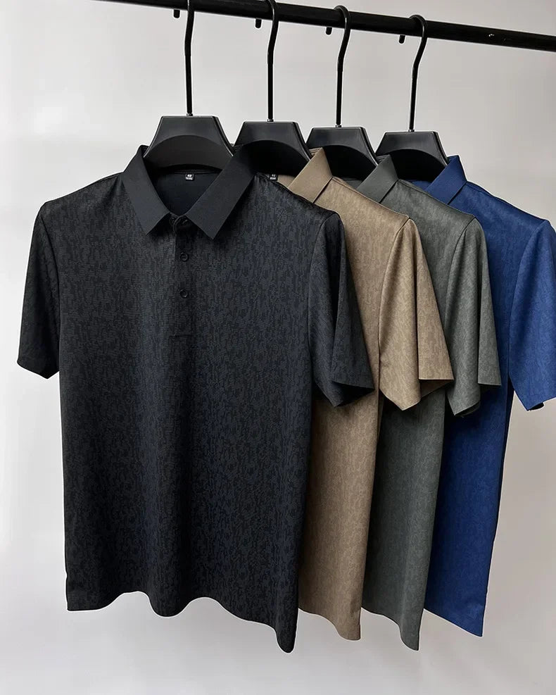 High end ice silk seamless short sleeve POLO shirt men's 2024 summer new fashionable jacquard silk breathable lapel T-shirt